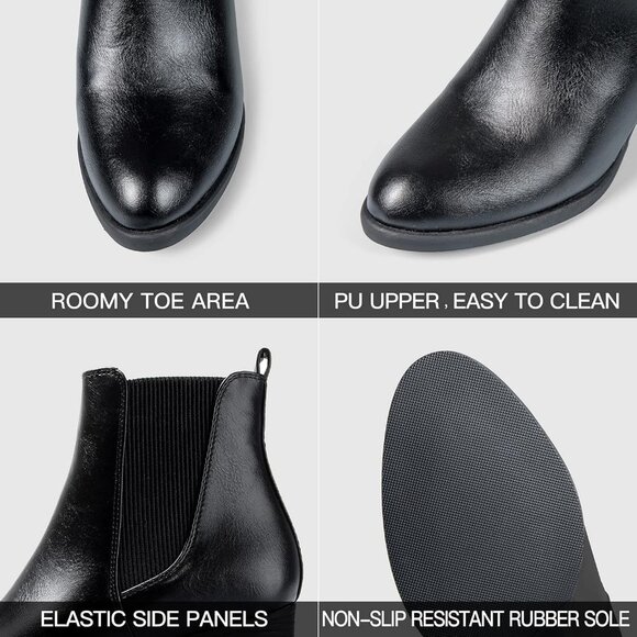 Women's Black Chelsea Boots Chunky Block Heel Slip On Ankle Boots with Elastic - Picture 3 of 8